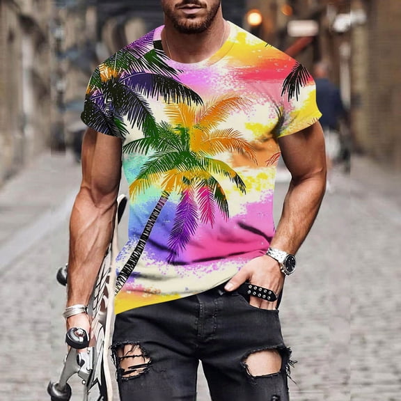 CLOISE Short Sleeve T Shirt Men Hawaiian Big and Tall Tops Crewneck Workout Pullover Palm Frond Slim Beach Wear Multicolor