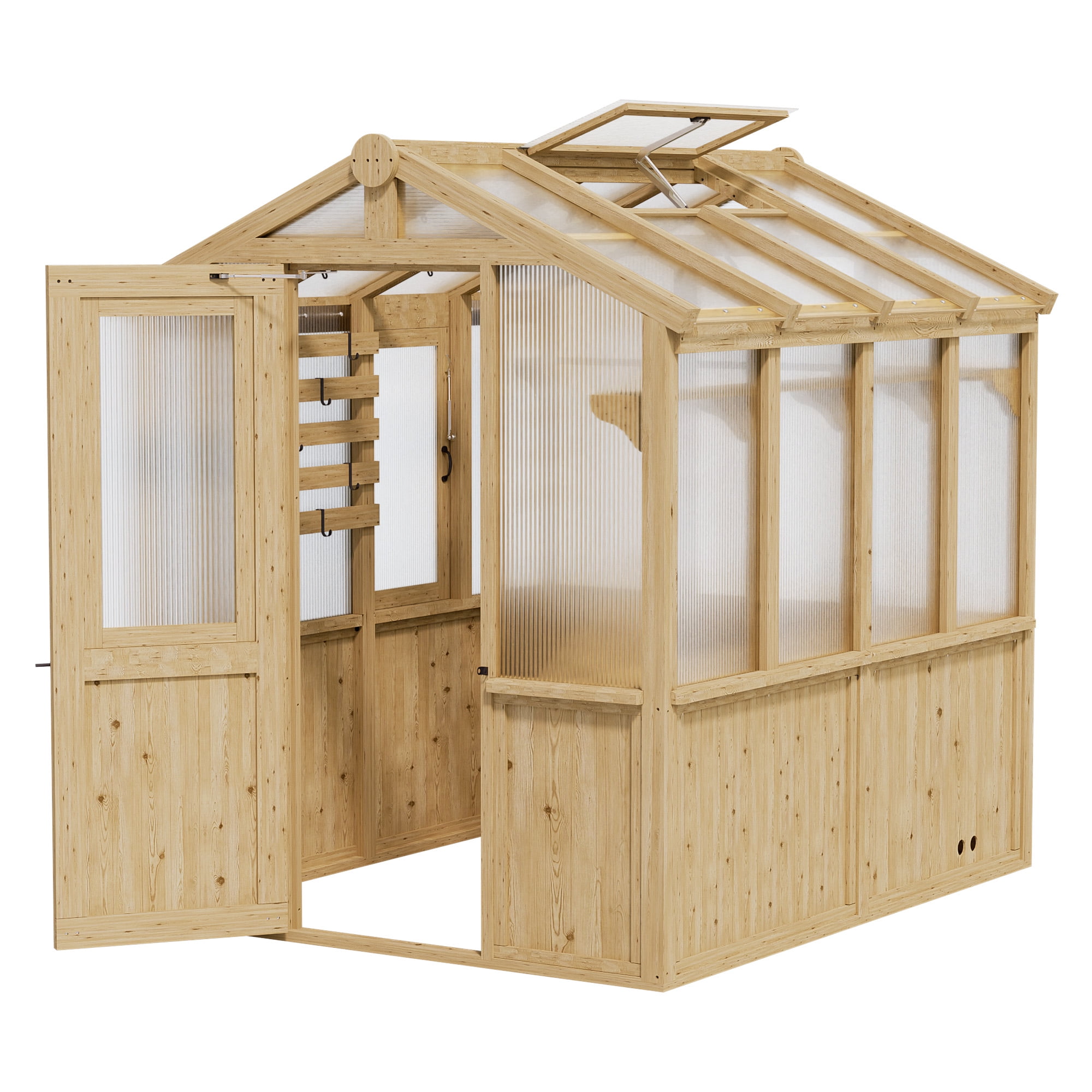 MeetLeisure 6.8 x 7.8 ft Solid Wood and Polycarbonate Walk-In Greenhouse, Spruce Wood Framed Hobby Greenhouse with Roof Vent, Horticultural Greenhouse with Automatic Vent Window, Natural