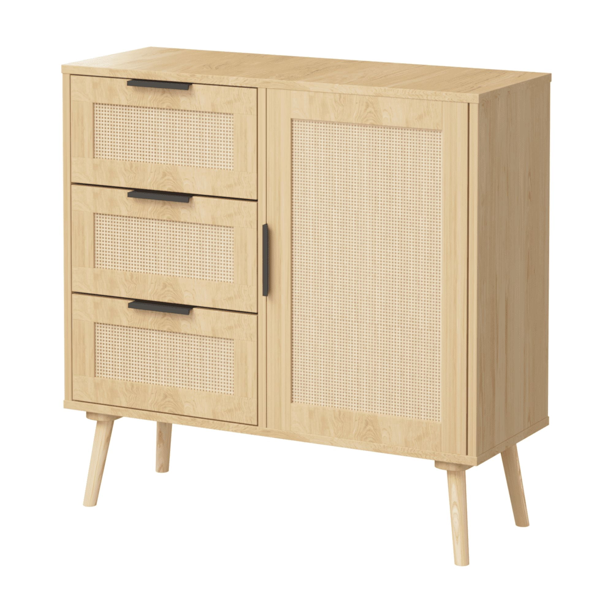 Rattan Wood Storage Cabinet Sideboard with Drawers and Adjustable Shelf for Bedroom, Living Room, Entryway, Hallway