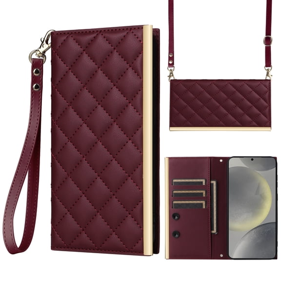 Desugned For Samsung Galaxy S24 Wallet Phone Case,With Suction Cup Fastener,Flip Folding Kickstand,With Card Slots,Wrist Strap&Shoulder Strap,Shockproof PU Leather Phone Case,Winered