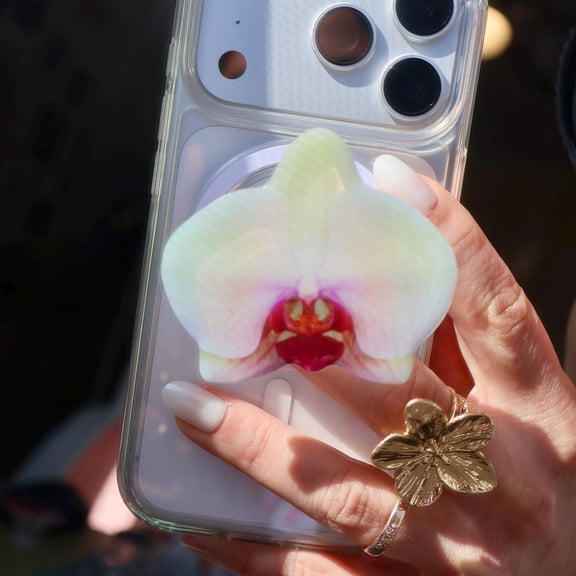 White Orchid MagSafe Phone Grip: Magnetic Floral Phone and E-Reader Holder