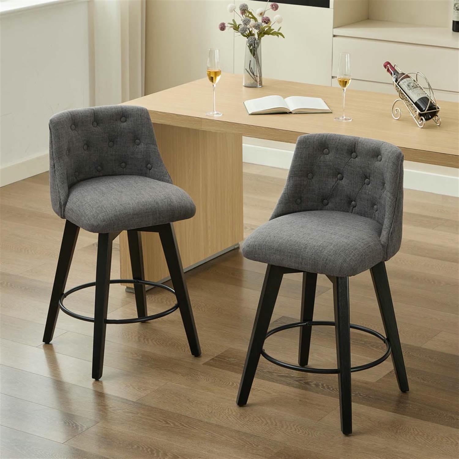 Demi Bonn 35" Counter Height Bar Stools Set of 2, Linen Fabric Swivel Barstools with Tufted Back, Kitchen Island Countertop Chairs for Dining Room, Gray