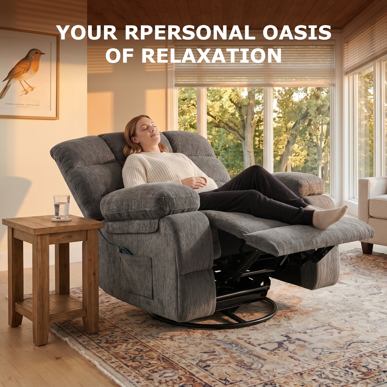 FitStand Swivel Rocker Recliner Chair with USB Port, Heat and Massage, 24.4" Wide Seat Chenille Oversized Recliner, Gray