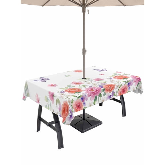Outdoor Tablecloth with Umbrella Hole for Patio/Picnic/Party/Camping, Pink Orange Roses Waterproof Table Cloth Rectangle Table Cover Washable, Farmhouse Spring Summer Flowers Butterfly (52"x 70")