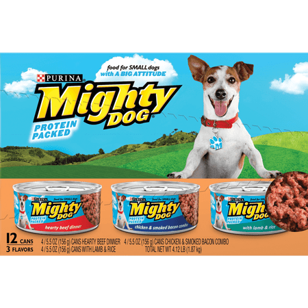 (12 Pack) Purina Mighty Dog Small Breed Wet Dog Food Variety Pack, Hearty Beef, Smoked Chicken & Bacon Combo, Lamb & Rice, 5.5 oz. Cans