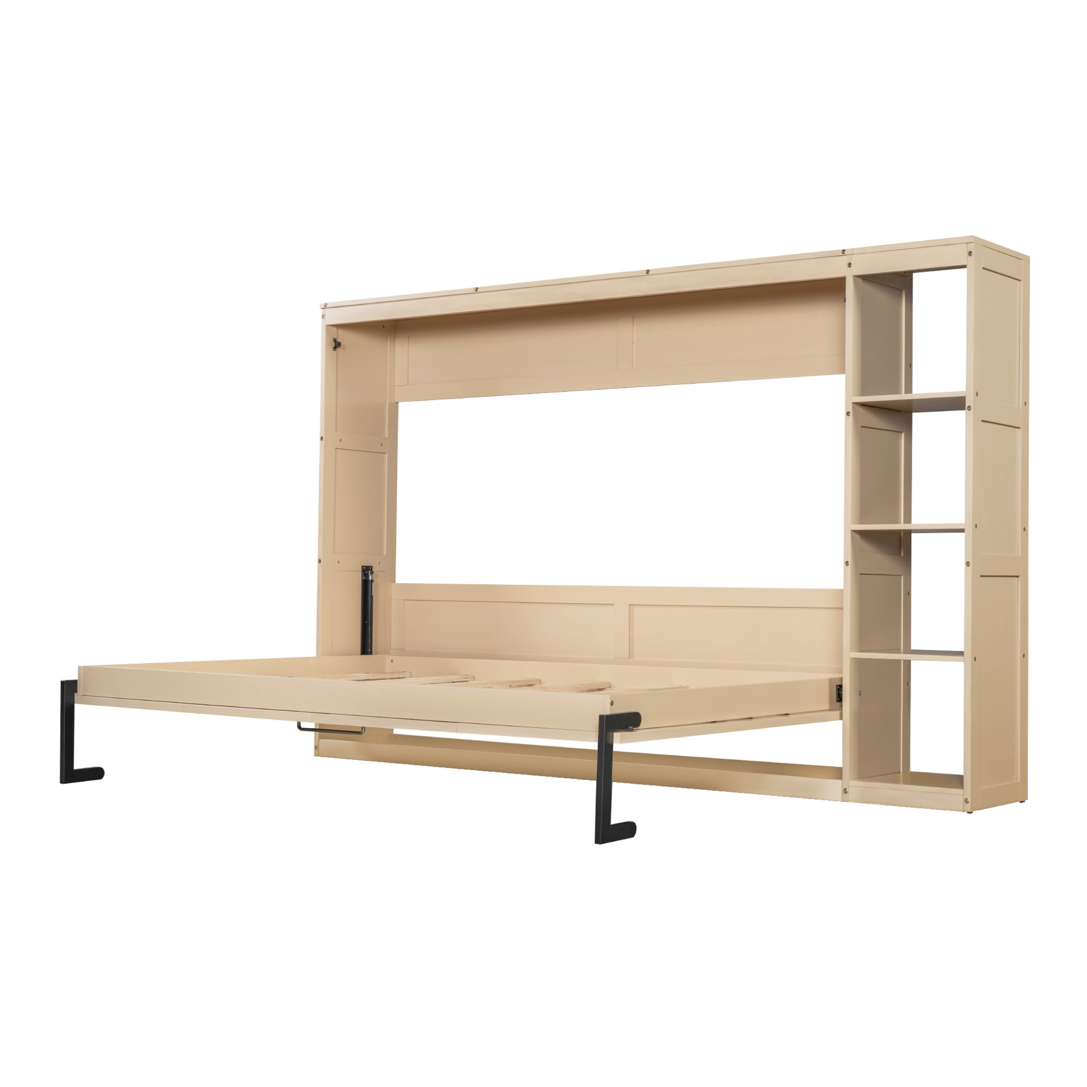 Noble House Vayen Full Size Murphy Bed with Integrated Bookshelf, Wood Wall Bed Cabinet, Space-Saving Design, Natural