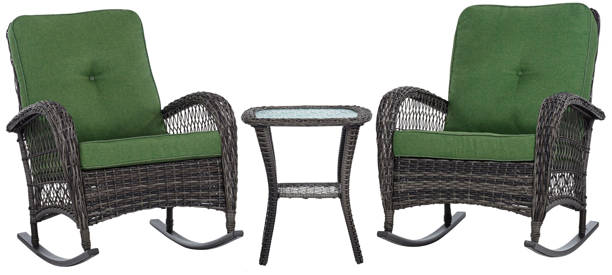 Teal Island Designs Madden 3 Piece Green and Rattan Outdoor Rocking Chair Set With Coffee Table - image 2 of 10