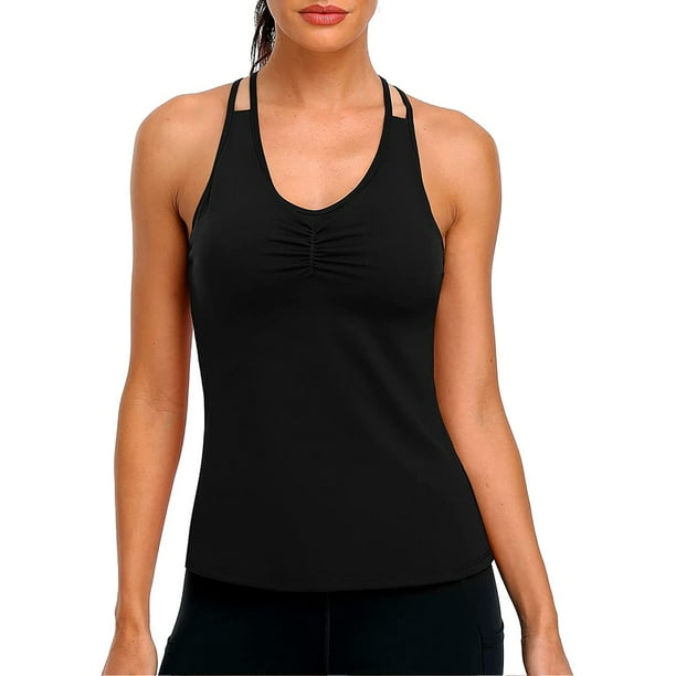 Women Yoga Tank Top with Built in Bra Sports Padded Bras Crop Tops Workout  Running Camisole Activewear Black at  Women's Clothing store