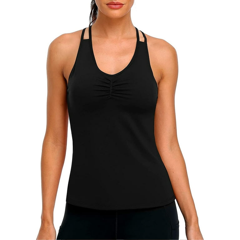 Women's Low Cut Cross Back Yoga Tank Top With Shelf Bra Stretch Atheltic Tank  Shirts 