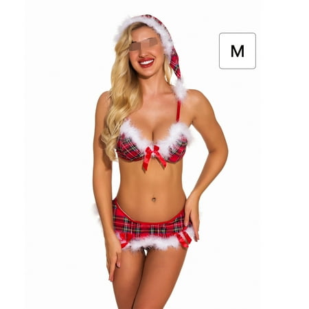 

Christmas Lingerie Set with Feather Trim Xmas Strap Plaid Bra with Hat M