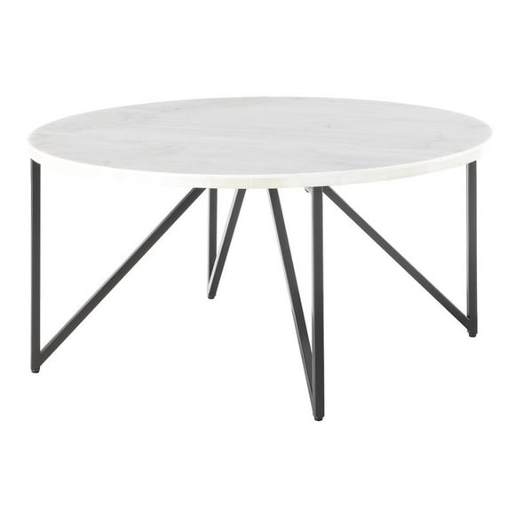 Picket House Furnishings Kinsler Round Marble Coffee Table with Black Metal Legs, White