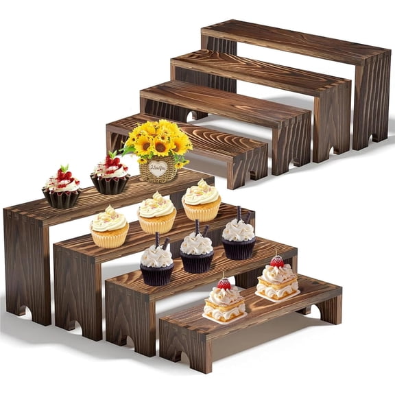 YEENFAR 8 Pcs Wooden Tiered Risers Display Stands, Stackable Cake Stand, Farmhouse Decor Wood Dessert Table Display Set, Party Food Display Risers