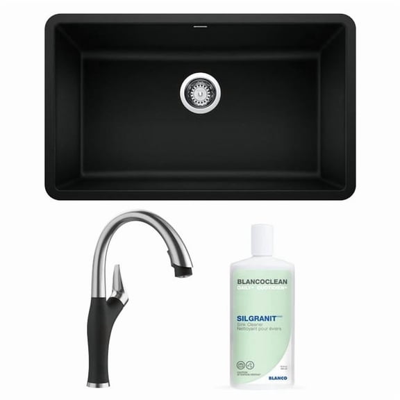 Blanco BU-442931 1 Bowl Kitchen Sink with Faucet & Cleaner, Coal Black