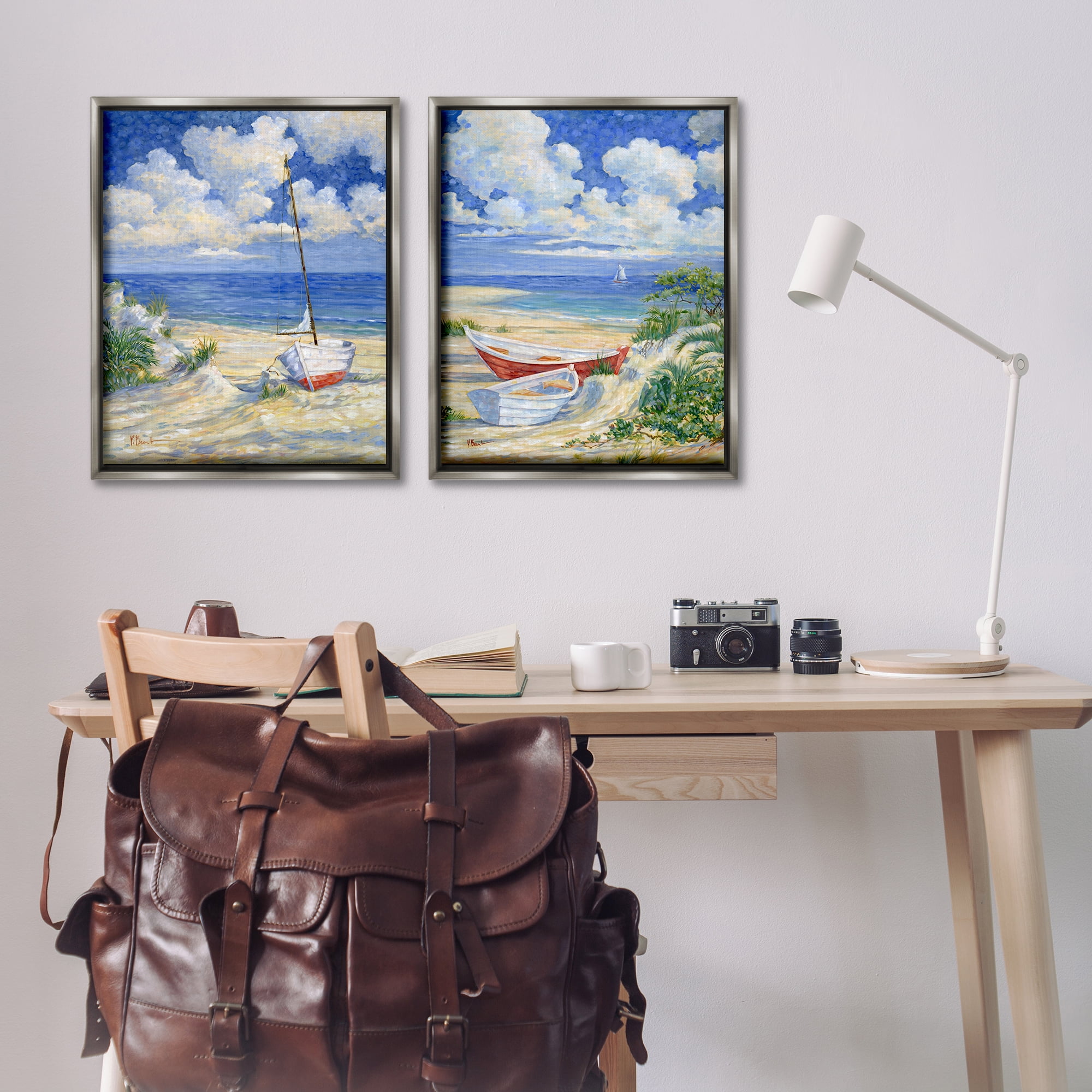 Stupell Industries Row Boat on Sandy Beach Nautical & Beach Painting Gray Floater Framed Canvas Art Print Wall Art, 31 x 25, Set of 2