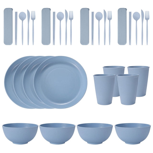Nvzi Wheat Straw Dinnerware Sets, 32-Piece Plates and Bowls Sets, Cutlery, Microwave Safe Unbreakable Dinnerware for Parties, Picnic, College Dorm, Camping Light Blue