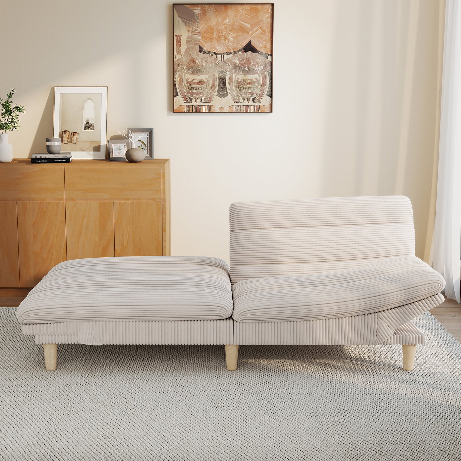 Ebello Convertible Futon Sofa Bed, Fabric with 3-Position Reclining Backrest and Adjustable Armrests for Living Room Apartment Office, Beige