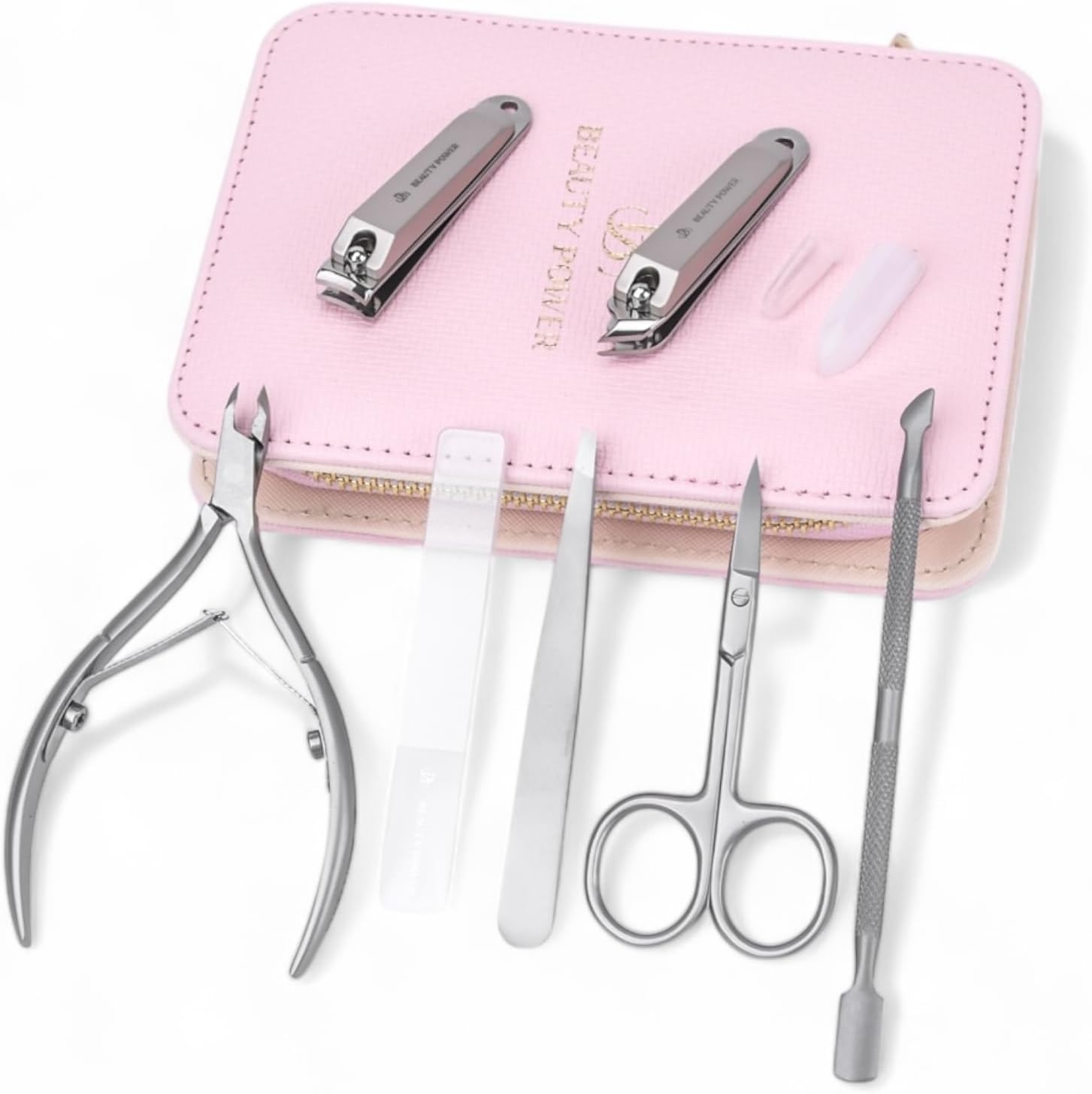Beauty Power Manicure Pedicure Set 7-in-1 Stainless Steel, Ultra Sharp, Slanted Nail Clipper, Fingernail Clipper, Cuticle Nipper, Glass Nail File, Eyebrow Tweezers, Scissors, Case - Gift - Pink