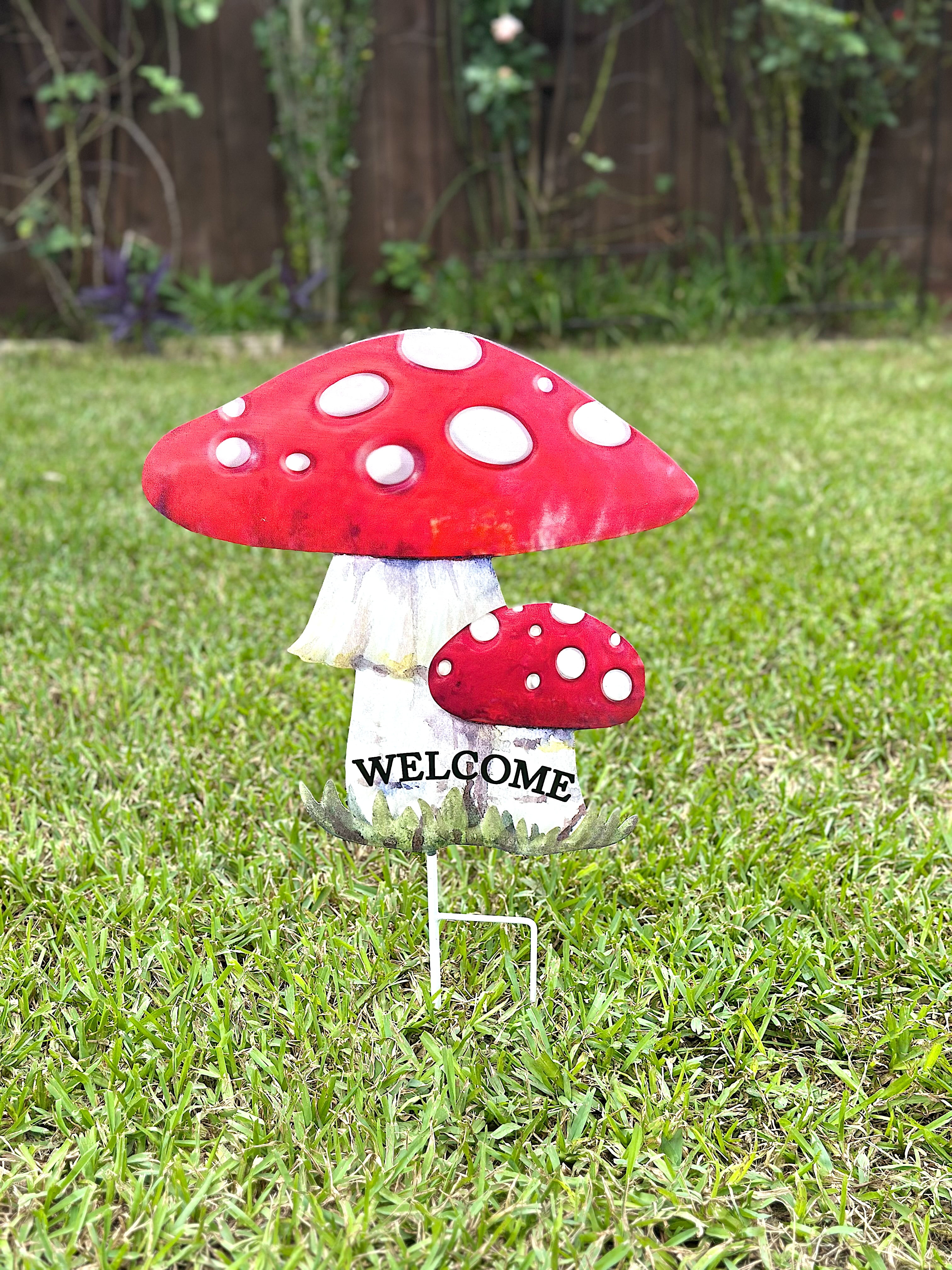 Garden Stake Large Mushroom Welcome Decor Lawn Yard Decorative Bright Outdoor Statue Pick 24" x11"