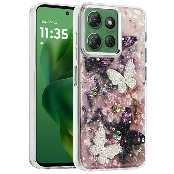 XPM for Motorola Moto G Power 5G 2025 Phone Case, Epoxy Glitter Flowers Bling 3D Butterfly Fashion TPU Hybrid with Shockproof Protection Cover for Moto G Power 5G (2025) (Dark Purple)