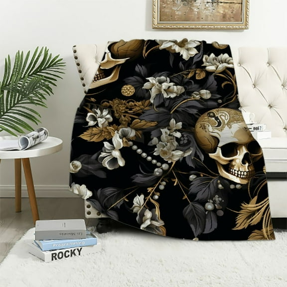 JRXY Adults Black Damask Throw Blanket Antique Victorian Baroque Blanket Gothic Vintage Floral Blanket Exotic Sugar Skull Blanket ,Gothic Bone Skeleton Bohemian Decor,Grey White