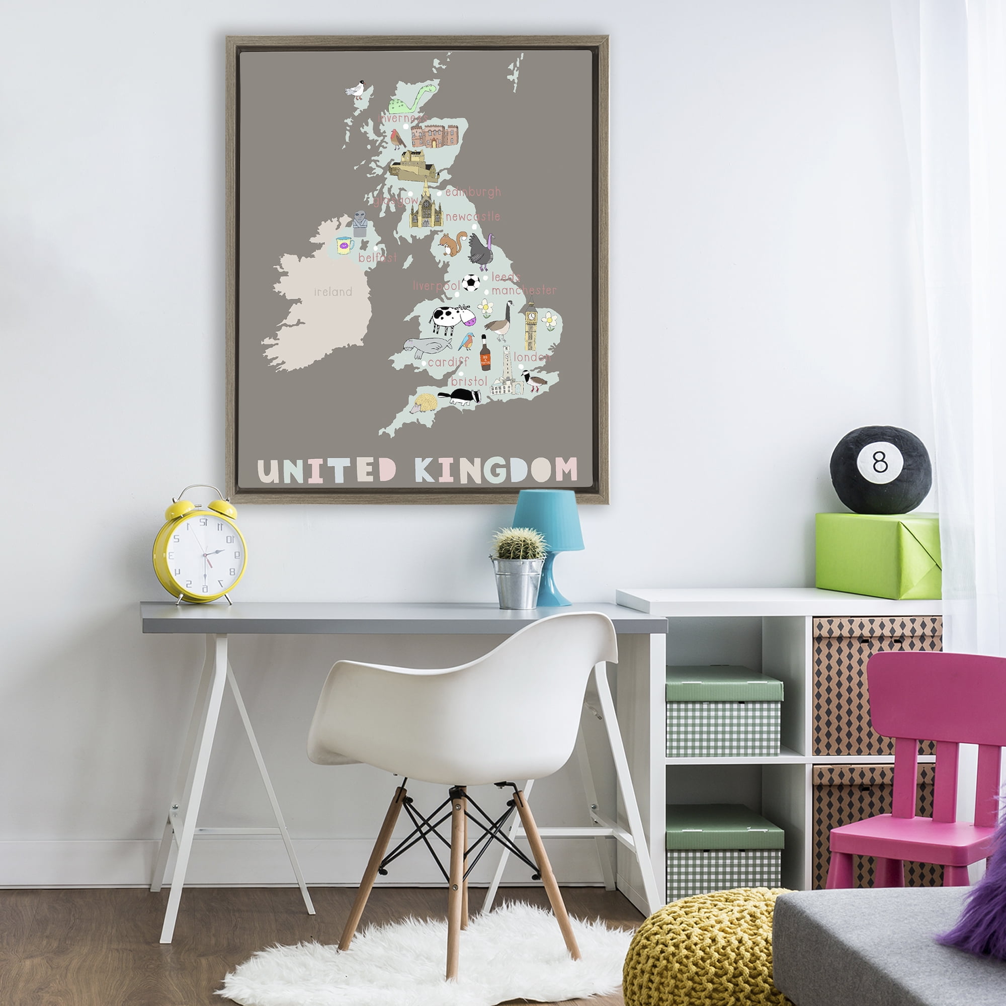 Kid's Map of United Kingdom Brown Framed Floater Canvas Wall Art, design by Carla Daly