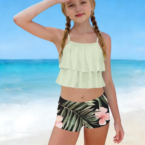 ATOGUTA Girl's 2 Piece Tankini Swimsuit Summer Ruffle Swimwear Two Piece Boyshort Tankini Kids Swimsuit Size 6-15, Multicolor
