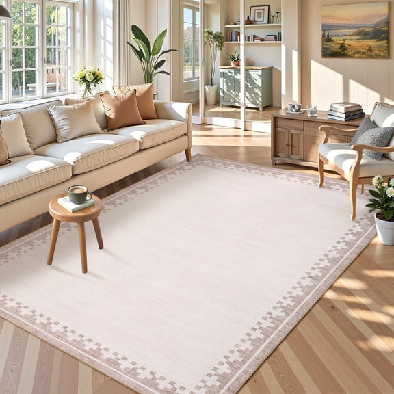 Garvee 5'x7' Modern Bordered Area Rug Farmhouse Neutral Carpet, Washable Rug Non Slip Soft Rugs for Living Room Bedroom Home Office, Beige