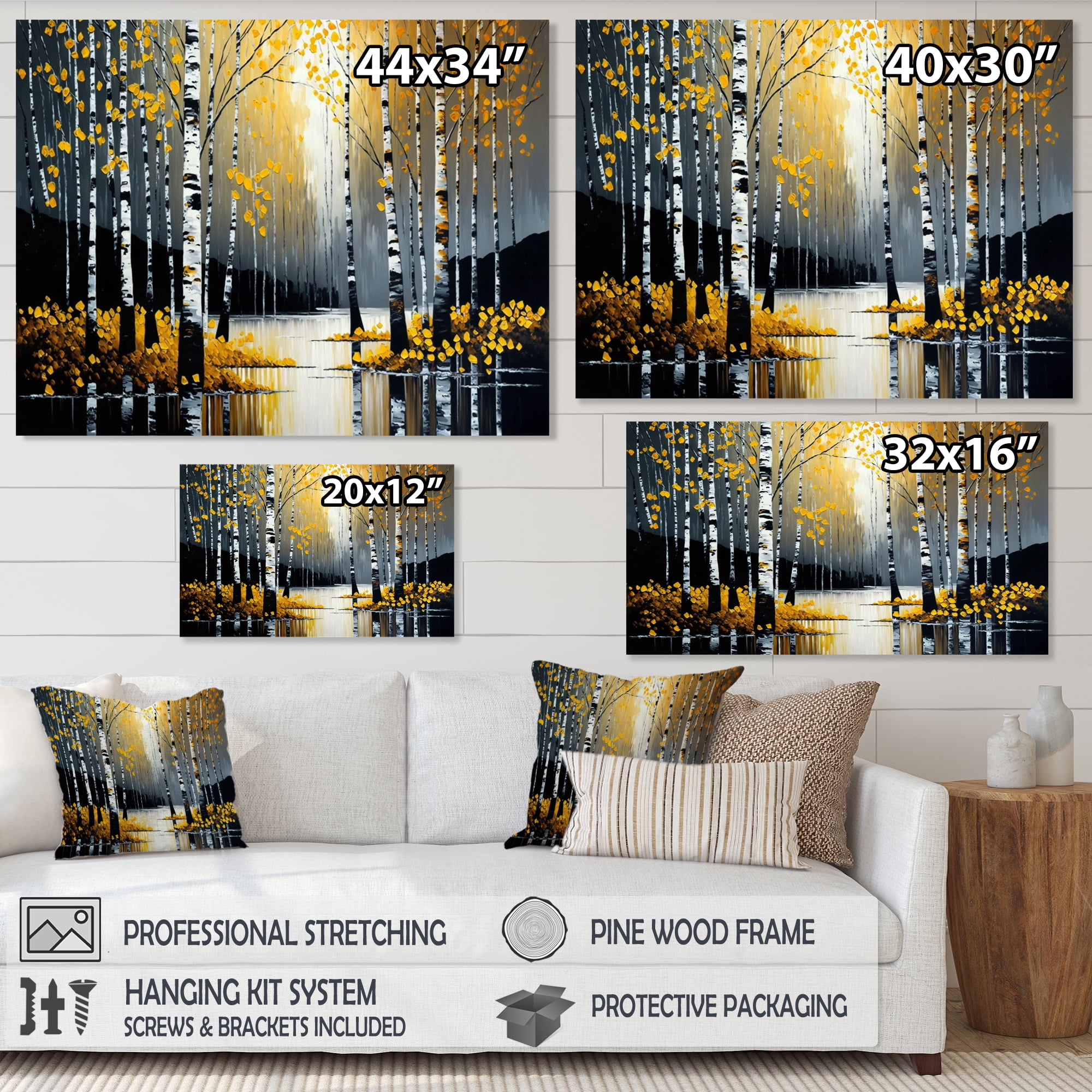 Designart Monochrome Golden Birch Trees By The River V Canvas Wall Art