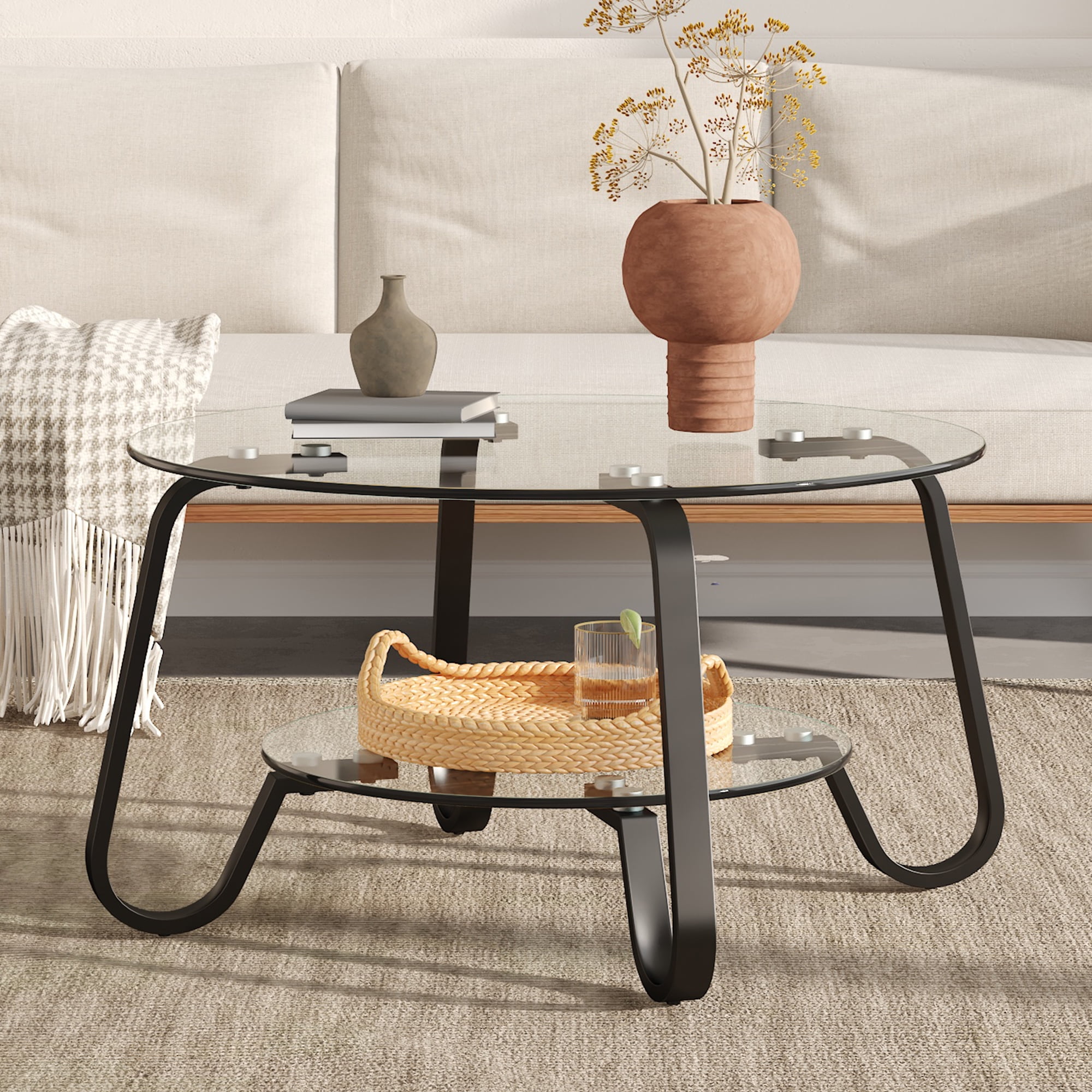Retro Minimalist Metal Frame Coffee Table, 31.5 Inch Square Cocktail Table with Double Layer Tempered Glass Top, Vintage Style Center Table for Living Room