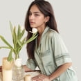thumbnail image 4 of Women's Satin Pajama Set with Lace Trim Short Sleeve Button Top and Elastic Waist Shorts - Medium, Green, 4 of 7