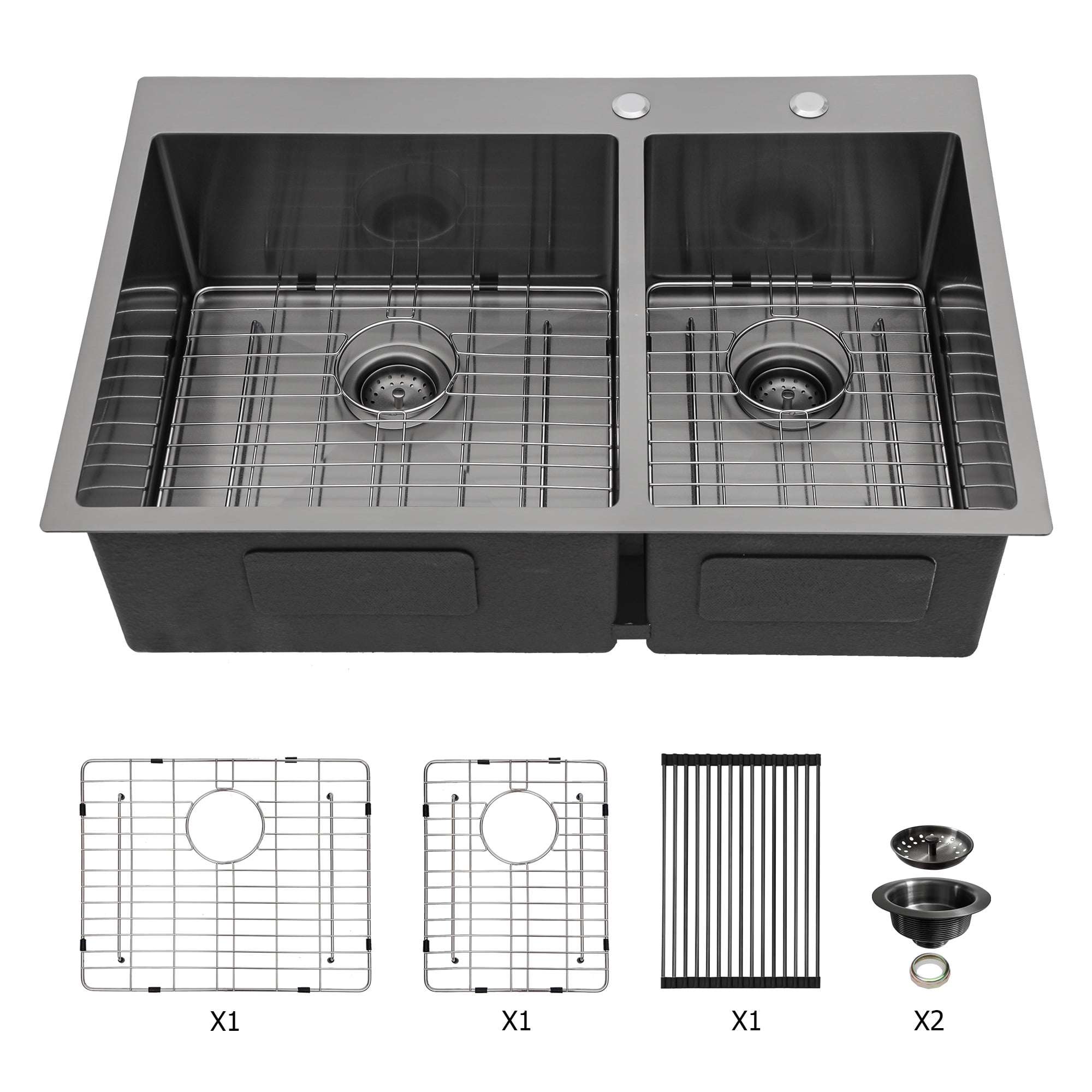 Izzovium 33"x22" Gunmetal Black Double Bowl Drop in Kitchen Sink, 16 Gauge Stainless Steel with 10" Deep Basin (60/40), Soundproof & Anti-Condensation