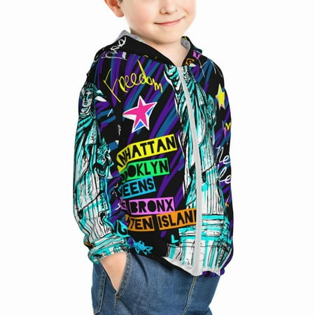

Uemuo New York City Pattern Rash Guard for Boys Girls Long Sleeve Swim Shirts UPF 50+ UV Sun Protection Hooded Fishing Shirt with Pocket for Kid-4 Years