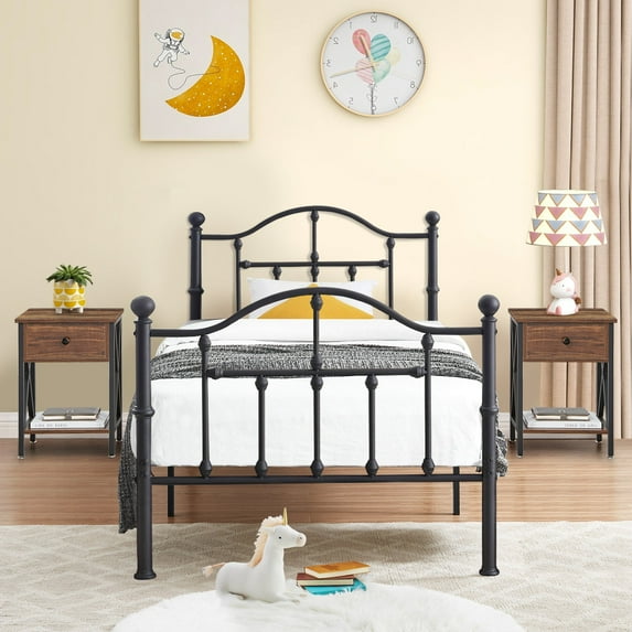 3 Piece Bedroom Sets Twin Size Black Metal Bed Frame and 2 Brown Nightstands