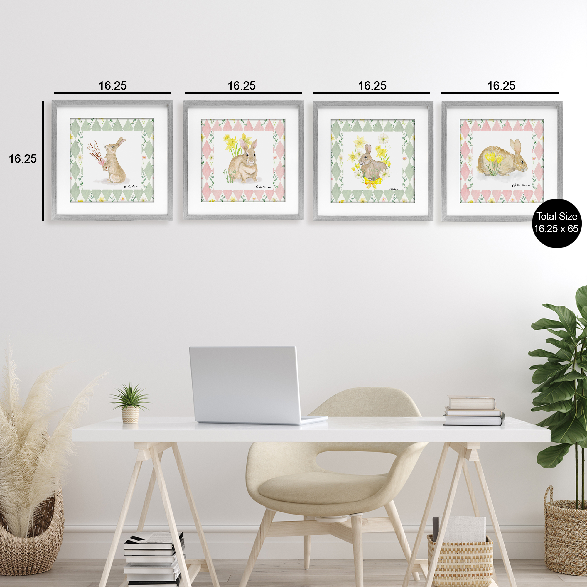 Spring Bunnies on Argyle 4 Piece Gray Framed Print Under Glass Set, design by Lee Ann Sanders
