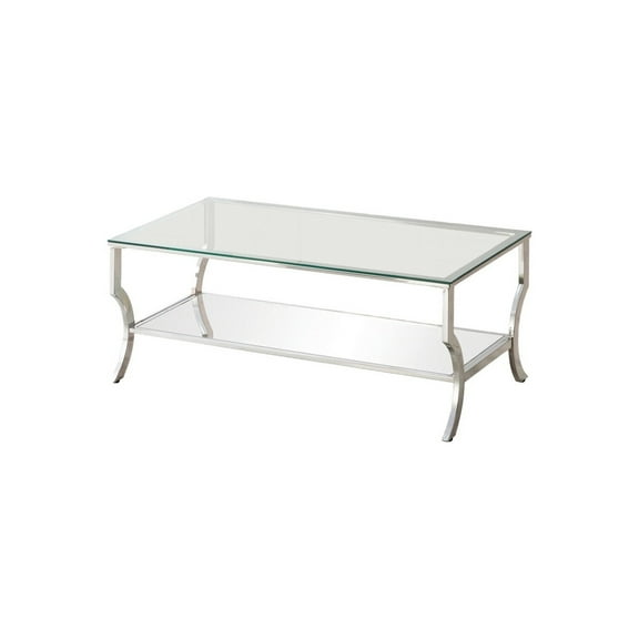 Modern Coffee Table with Glass Top & Mirrored Shelf - Chrome Frame, Living Room Accent Table, Contemporary Design