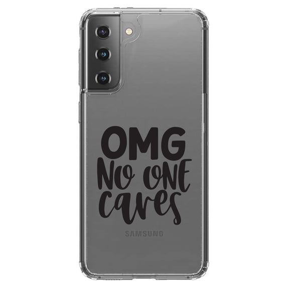 DistinctInk Clear Shockproof Hybrid Case for Galaxy S21 5G (6.2" Screen) - TPU Bumper Acrylic Back Tempered Glass Screen Protector - OMG No One Cares - Black