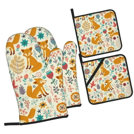 

Daiia Whimsical Fox Floral Garden Pattern Oven Mitts and Pot Holders 4 pcs Set High Heat Resistant 500 Degree Extra Thicken Long Kitchen Cotton Oven Glove