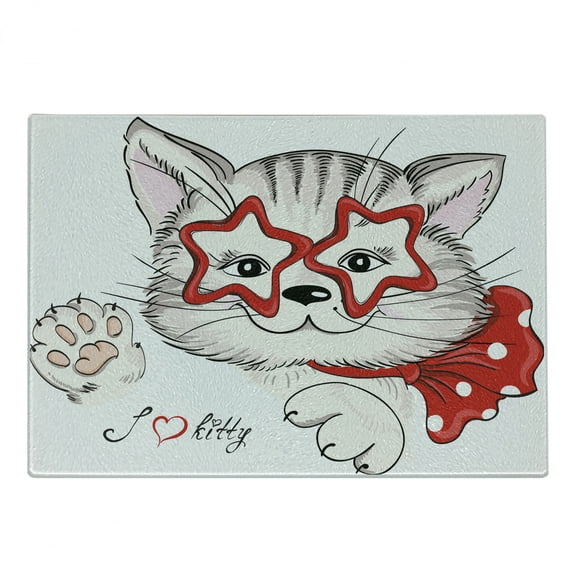 Cat Cutting Board, Fashion Portrait Hipster Cat with Star Shaped Glasses and Bow I Love Kitty, Decorative Tempered Glass Cutting and Serving Board, Small Size, Pale Pink Beige and Red, by Ambesonne