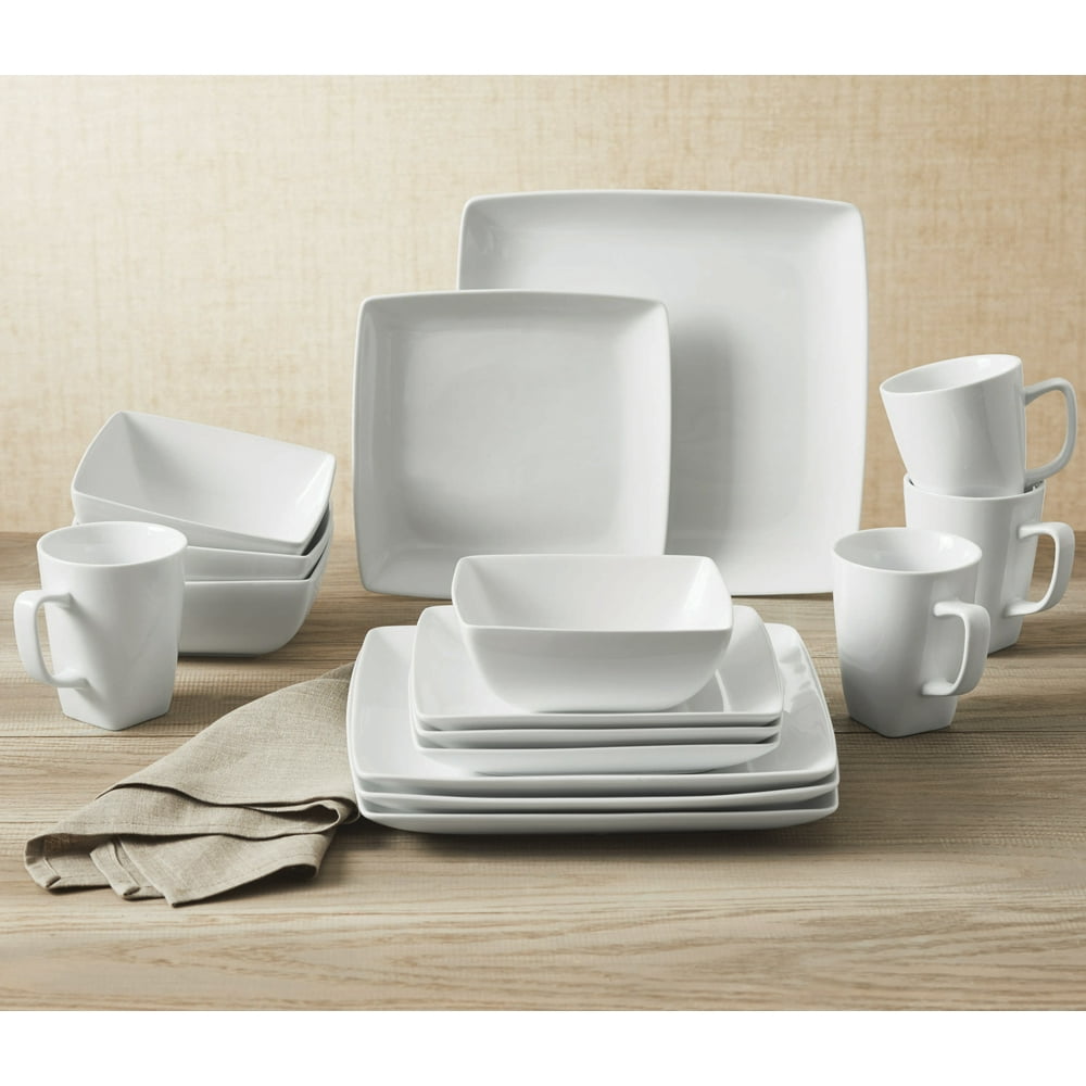 Better Homes & Gardens 16 Piece Square Porcelain Dinnerware Set, White