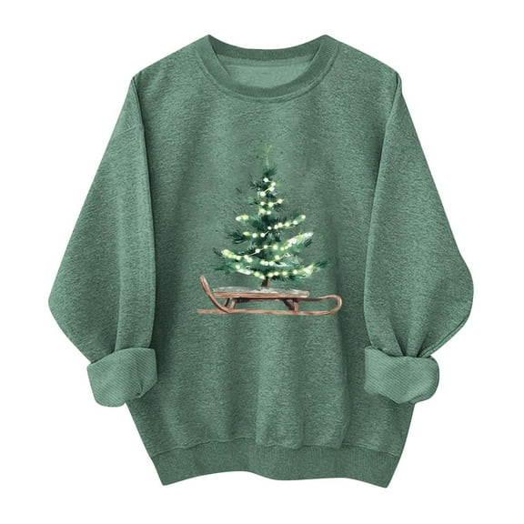 SYMOID Womens Christmas Oversized Sweatshirt - 100% Cotton Green Festive Christmas Tree Print Crew Neck Loose Fit Casual Holiday Top (S-XXL),Size S