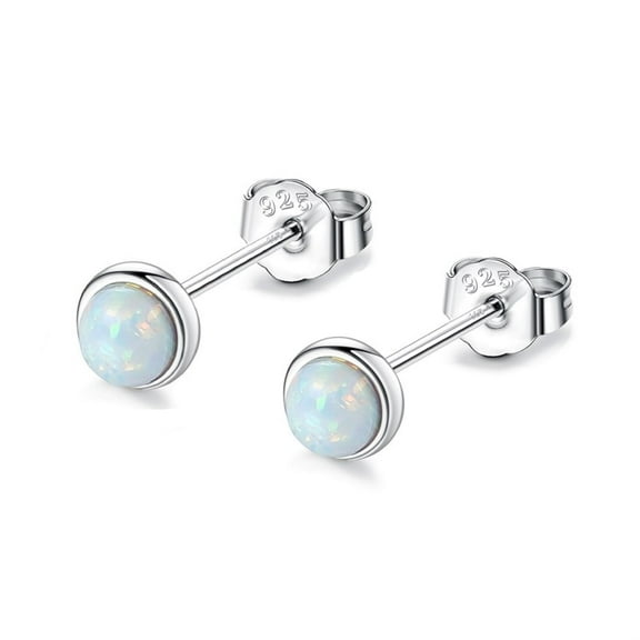 Bellitia Jewelry Genuine 3mm Bezel Set White/Blue/Green Opal Birthstone Stud Earrings for Women, White Gold/Gold/Rose Gold Plated Sterling Silver Opal Stud Earrings, Opal Dot Studs Hypoallergenic