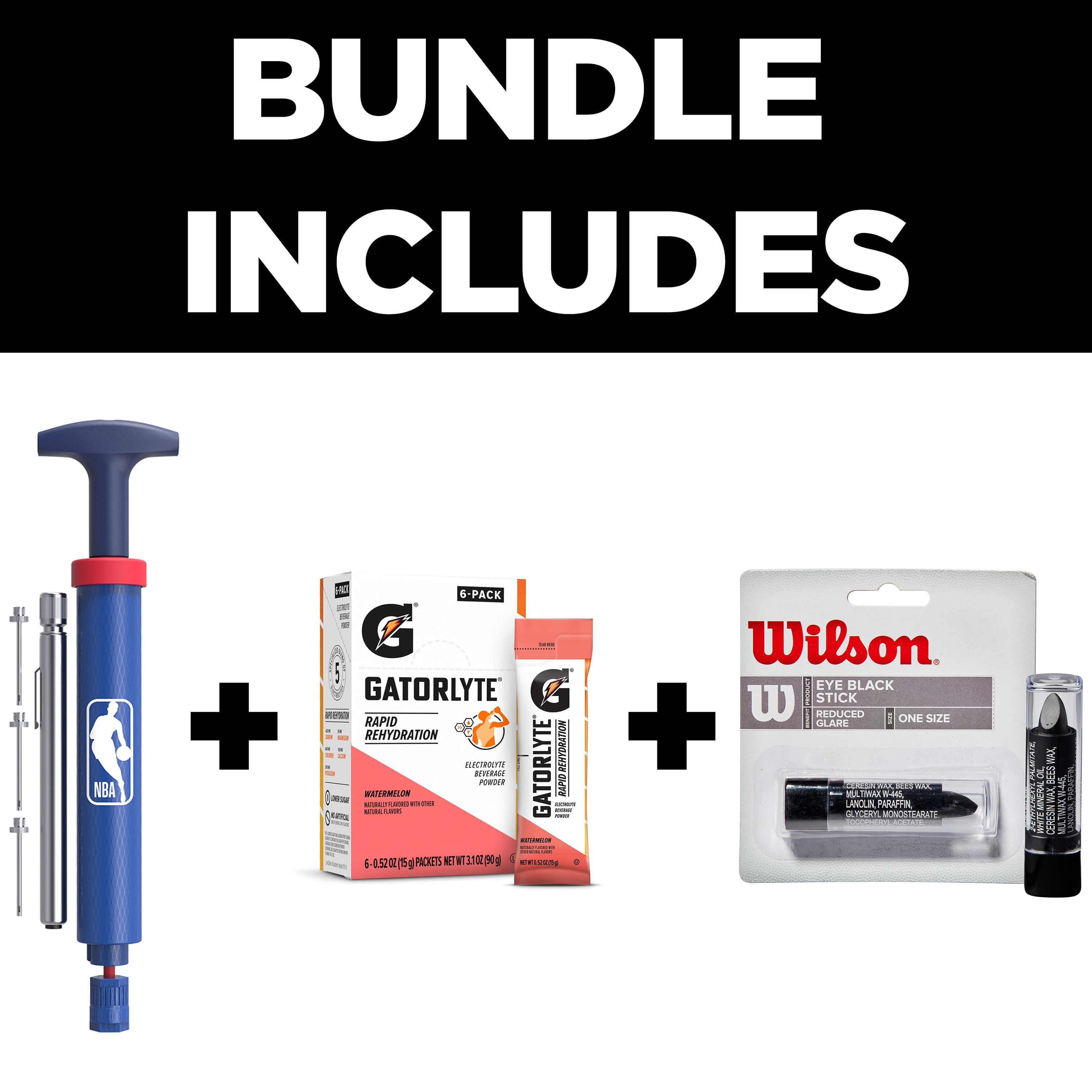 Wilson x Gatorade Basketball Court Essentials Kit - Includes Wilson NBA DRV Ball Pump Kit, Eye Black Stick, and Gatorlyte Watermelon Electrolyte Powder