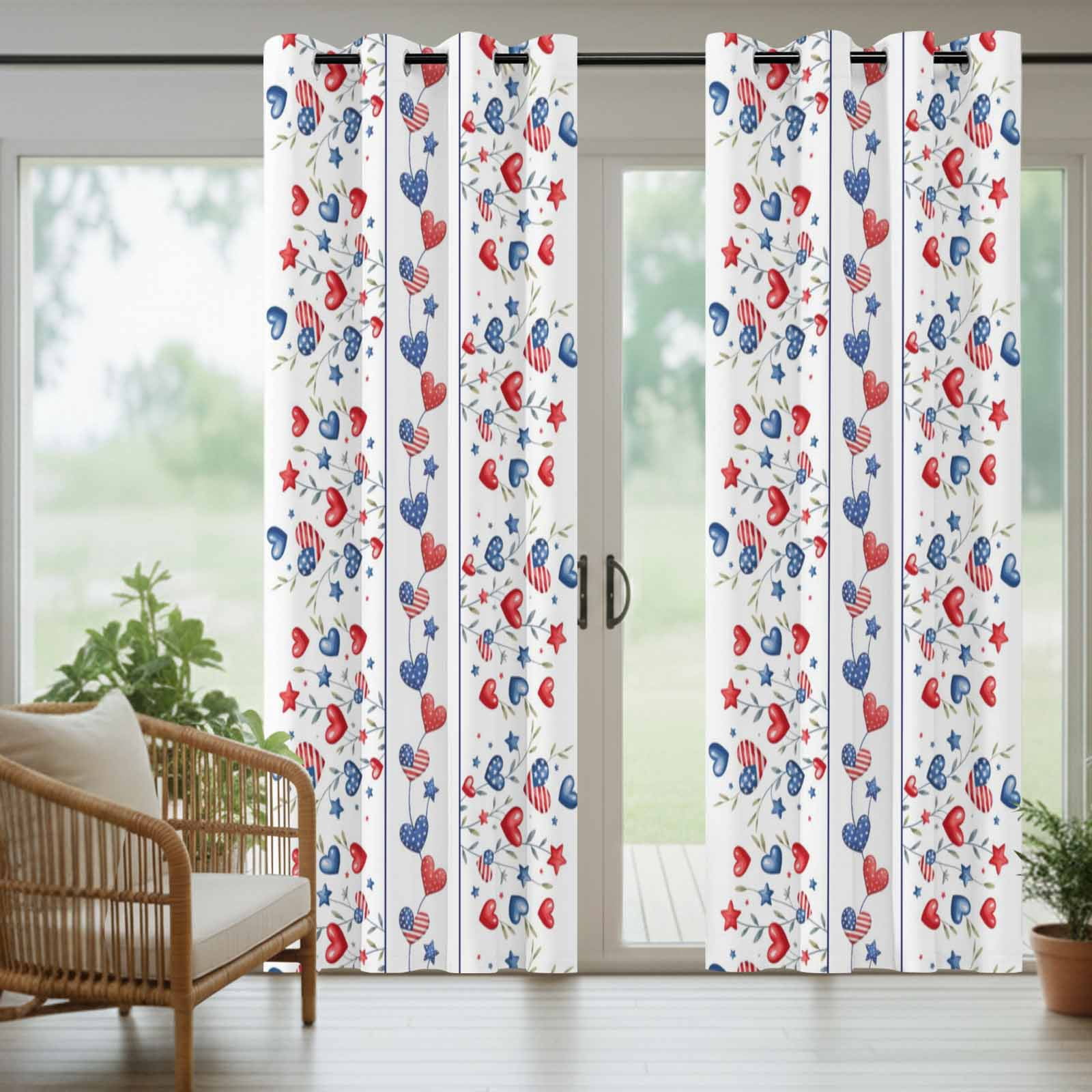 Independence Day Outdoor Curtains for Patio, Red Blue Love Stars Flags Green Leaf Sunshade Privacy Drapes Grommet Waterproof Outside Curtains for Porch/Cabana/Balcony 54"x 108", 1 Panel