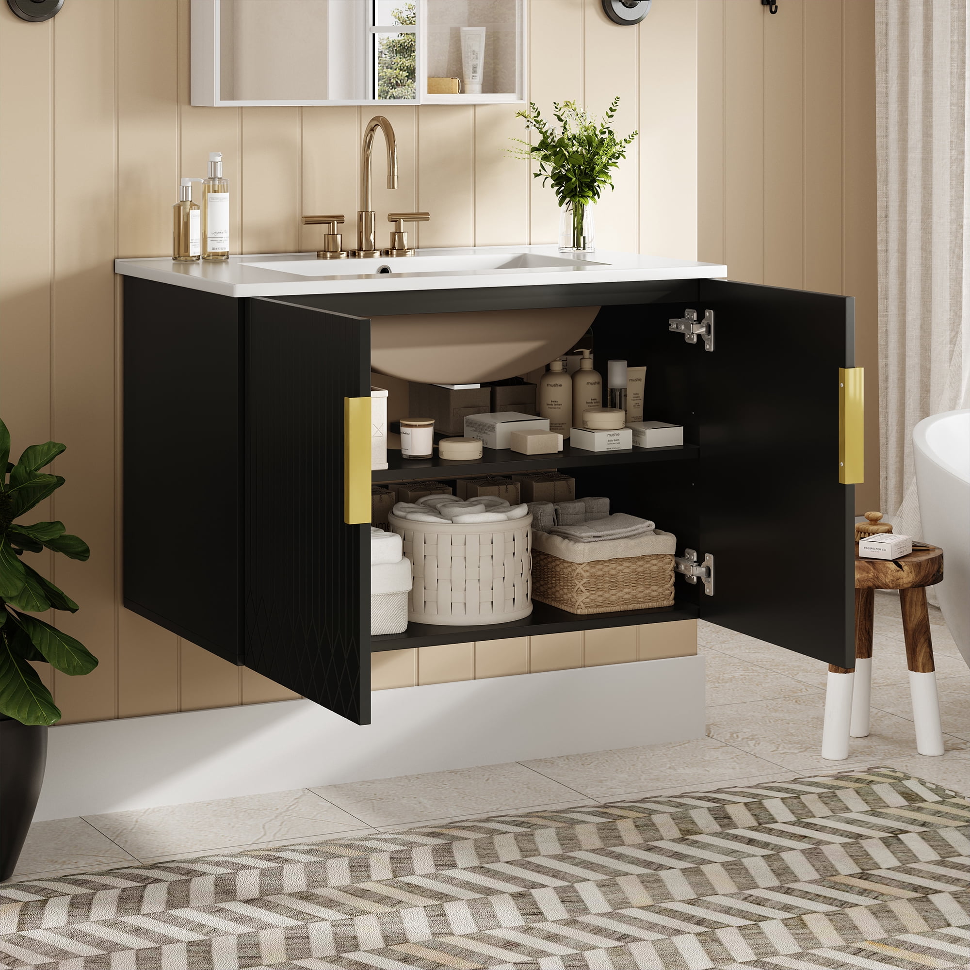 Euroco 30-Inch Wall-Mounted Bathroom Vanity with Glossy Ceramic Sink, Dual Soft-Close Doors, and Adjustable Shelf,