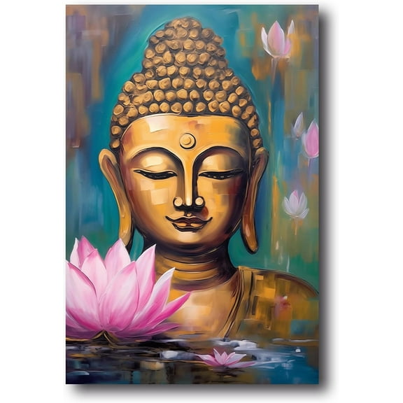 Gold Buddha Canvas Wall Art Buddha Head & Lotus Flower Painting Prints Zen Pictures Buddhist Spiritual Artwork for Yoga Meditation Room Framed(Picture-1, (12.00" x 18.00"))