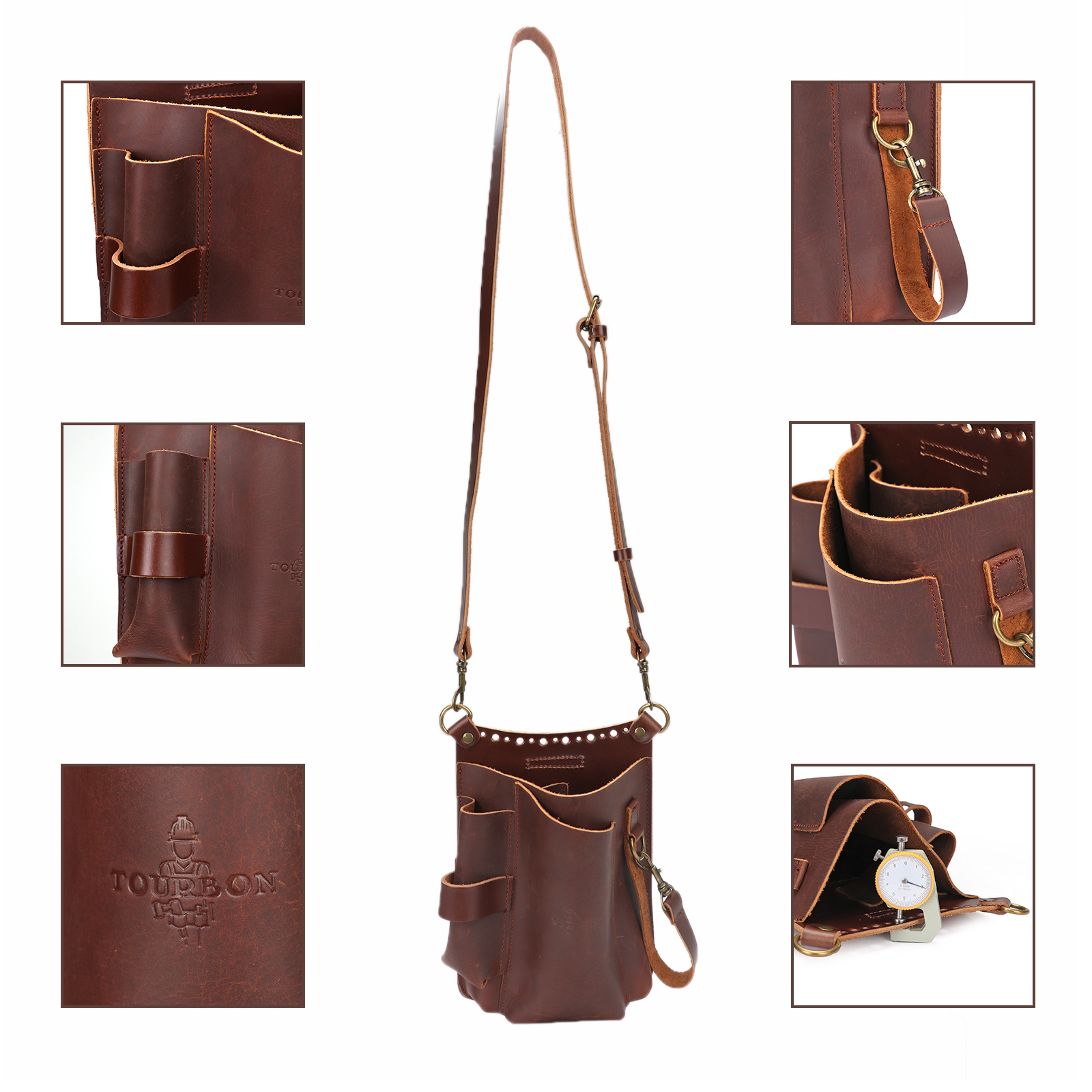 TOURBON Leather Gardening Pouch Tool Waist Bag Drywaller's Contractor Tool Carrier with Shoulder Strap Brown