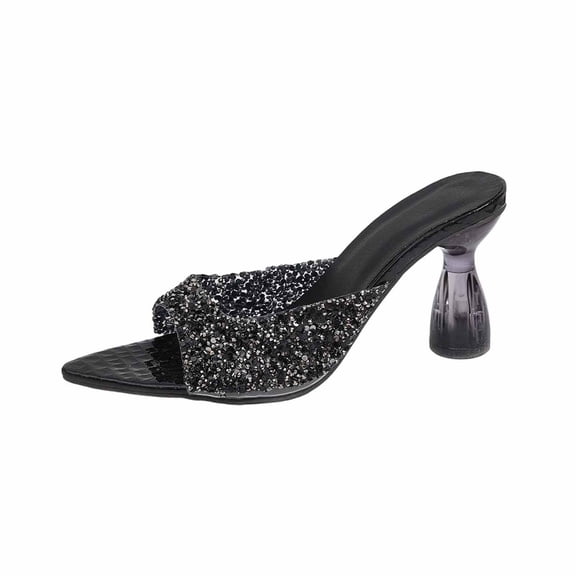 Womens Sparkly Black Sequin Mule Sandals Open Toe Clear Block Heel Party Evening Dressy,Size 8.5