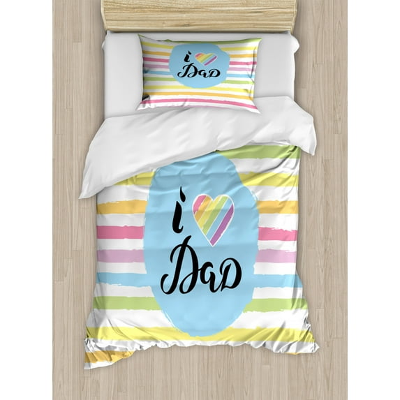 Father's Day Duvet Cover Set Twin Size, Design of I Love Dad Typography on a Striped Background, Decorative 2 Piece Bedding Set with 1 Pillow Sham, Pale Azure Blue Multicolor, by Ambesonne