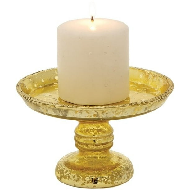 Luna Bazaar Mercury Glass Pillar Candle Holder (4Inch, Gold, Linda
