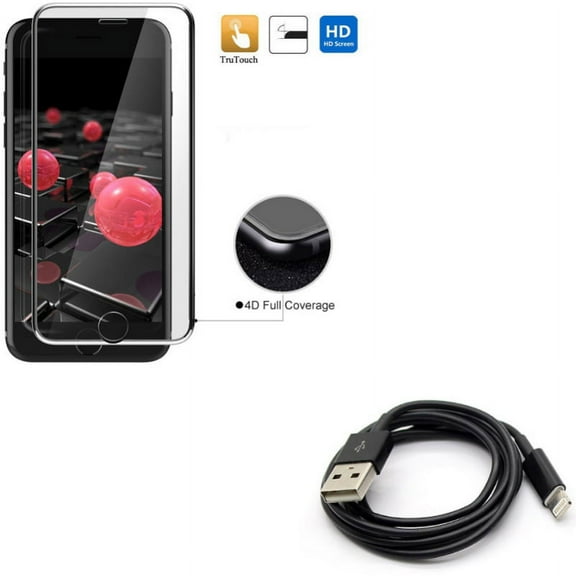 iPhone 7/8 PLUS Screen Protector w USB Cable - Tempered Glass 4D Touch Curved Edge Full Cover, Charger Cord Power Wire Sync for iPhone 8 PLUS/7 Plus